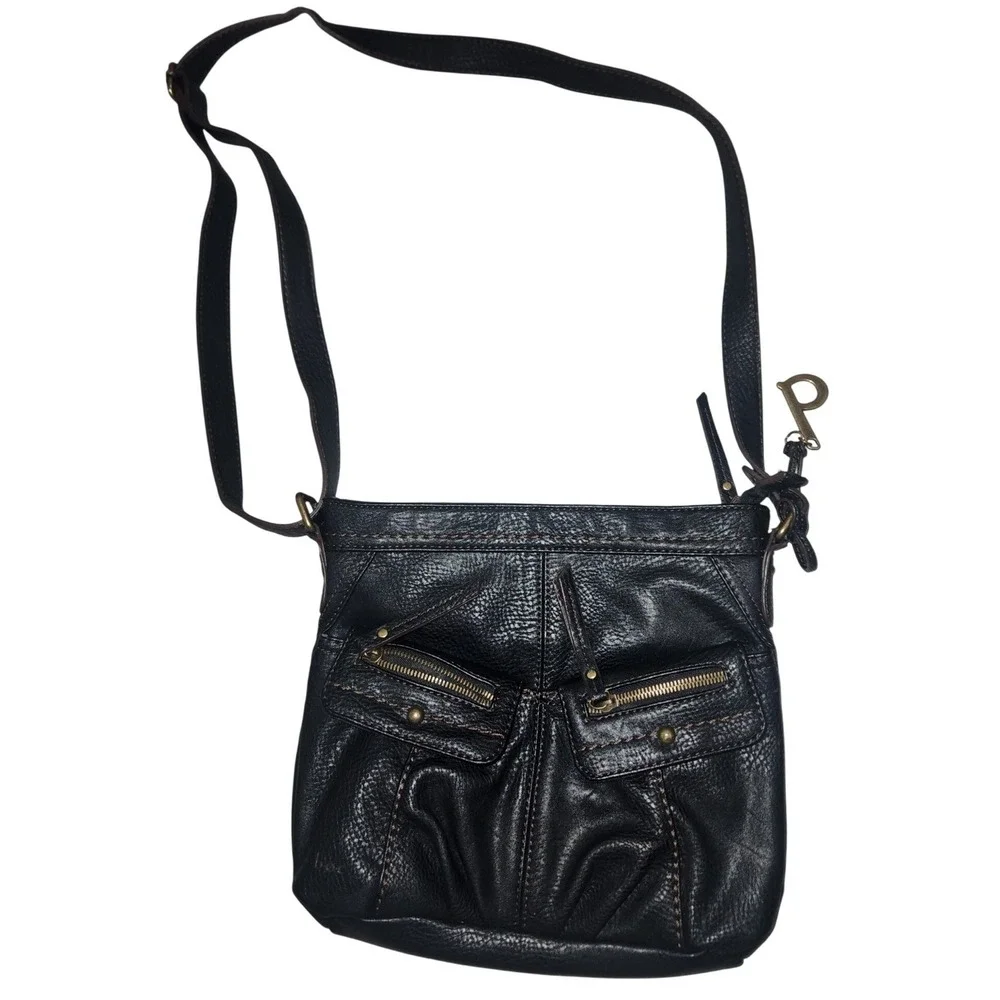 b.o.c. Born Concept Black Pebbled Crossbody‎ Bag Organizer Purse Brass Hardware